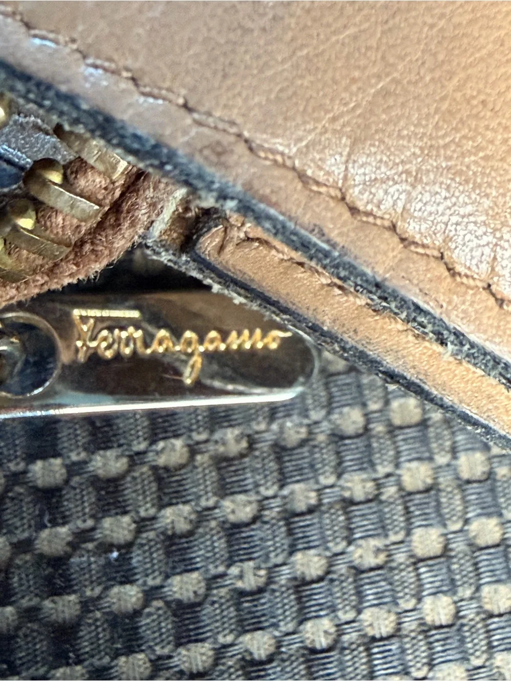 Salvatore Ferragamo Taupe Leather Laptop Bag with Gold-Tone Hardware